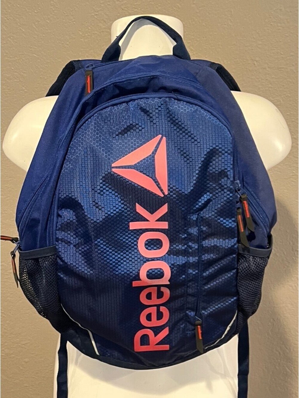 Reebok Backpack Navy Blue Coral Logo Laptop School Gym Sports Bag
